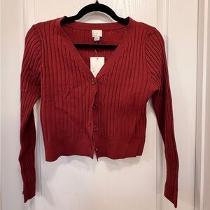 NWT A New Day Maroon Ribbed-Cuff Button-Front Cropped Cardigan Medium